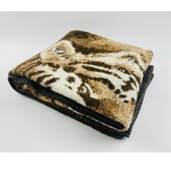 Vintage Plush Blanket Tiger Lion Face Brown Tan Reversible RARE Biederlack Style - Picture 7 of 16